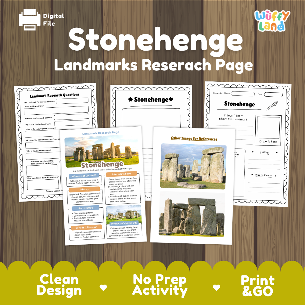 Digital preview of a Stonehenge landmarks research page activity set by Wiffy Land, featuring printable worksheets and a reference page displayed over a wood-grain background with feature badges at the bottom.