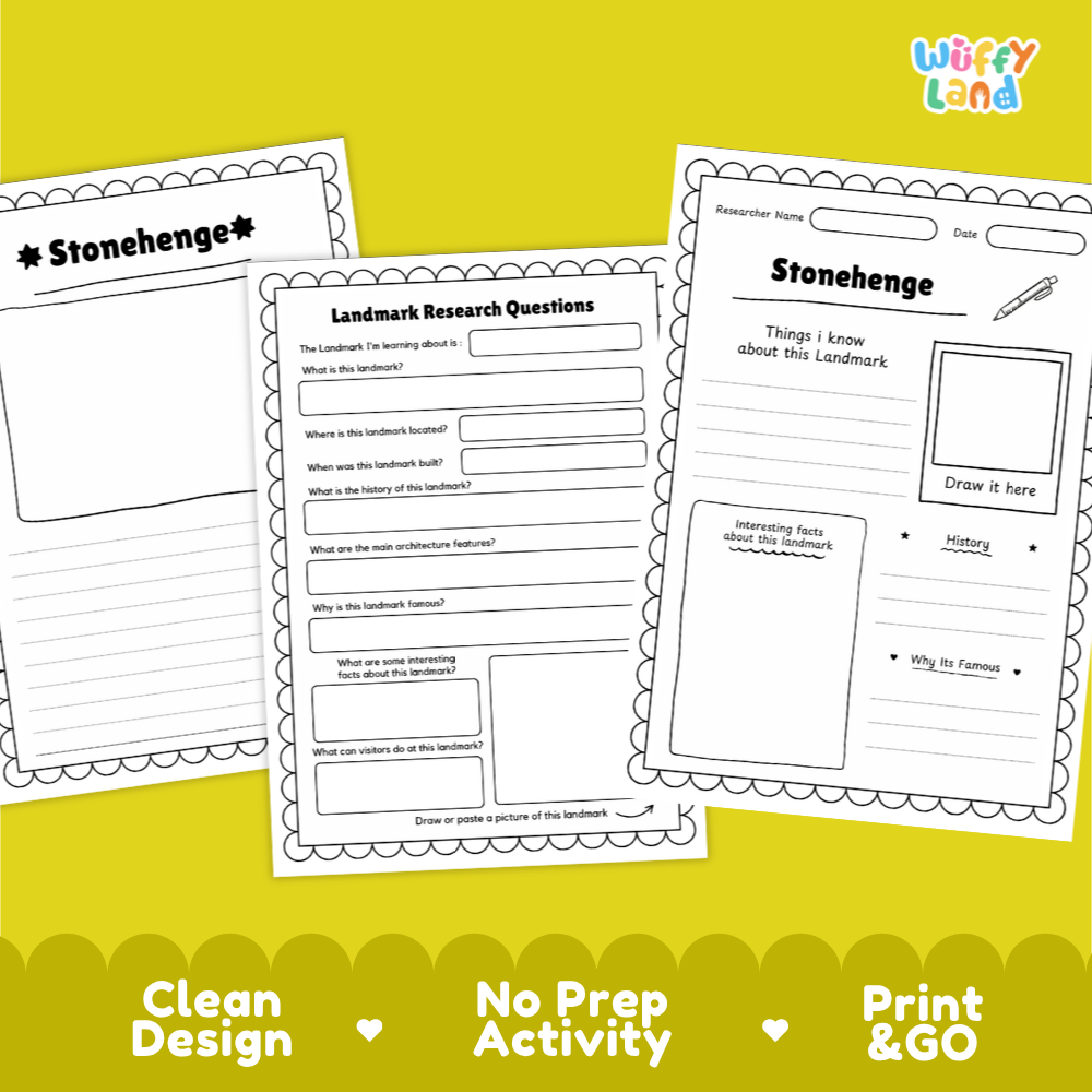 Three printable worksheet pages for Stonehenge displayed on a bright yellow background with decorative scalloped borders. The pages contain black-and-white activity questions and writing areas, and the top-right corner shows the brand name 'Wiffy Land'.