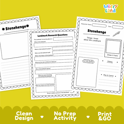 Three printable worksheet pages for Stonehenge displayed on a bright yellow background with decorative scalloped borders. The pages contain black-and-white activity questions and writing areas, and the top-right corner shows the brand name 'Wiffy Land'.