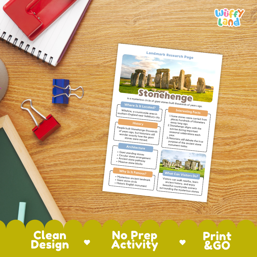 A printed Stonehenge landscape research page activity sheet laid on a wooden desk, surrounded by school supplies including a spiral notebook, red binder clips, a green chalkboard, and a red notebook. The sheet has colorful text boxes and a Stonehenge photo.