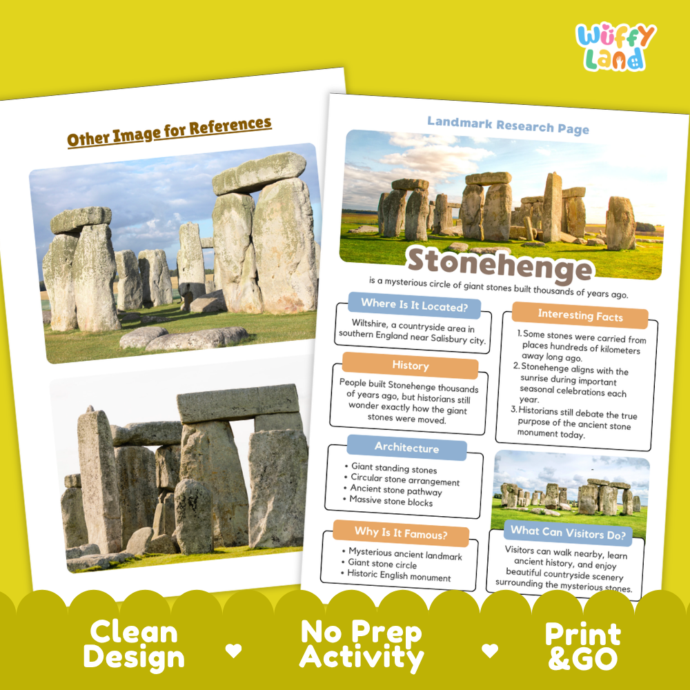 An educational activity sheet about Stonehenge from the brand Wiffy Land, featuring a 'Landmark Research Page' with text boxes, a 'Other Image for References' section, and a yellow banner at the bottom reading 'Clean Design', 'No Prep Activity', and 'Print & GO'.