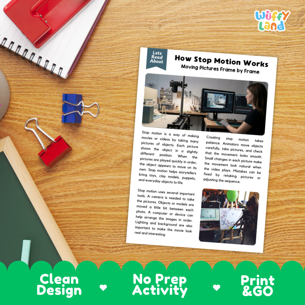 Printable student worksheet with short-answer reading comprehension questions covering stop motion and animation