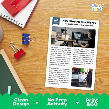 Printable student worksheet with short-answer reading comprehension questions covering stop motion and animation