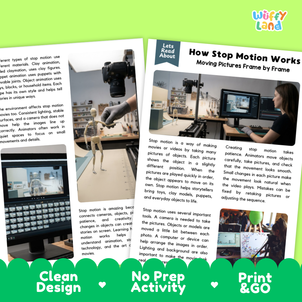 Complete teacher answer key worksheet providing detailed model responses for stop motion comprehension questions