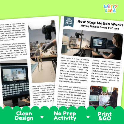 Complete teacher answer key worksheet providing detailed model responses for stop motion comprehension questions