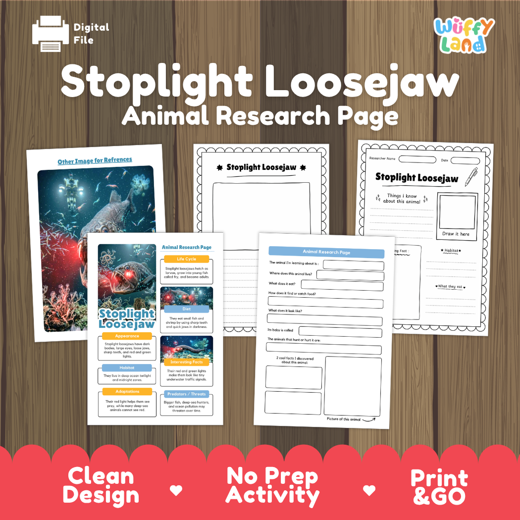 Digital preview of a 'Stoplight Loosejaw Animal Research Page' activity sheet set by Wiffy Land, displayed on a wood-grain background with promotional text and a red banner at the bottom.