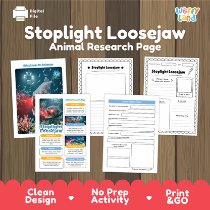 Digital preview of a 'Stoplight Loosejaw Animal Research Page' activity sheet set by Wiffy Land, displayed on a wood-grain background with promotional text and a red banner at the bottom.