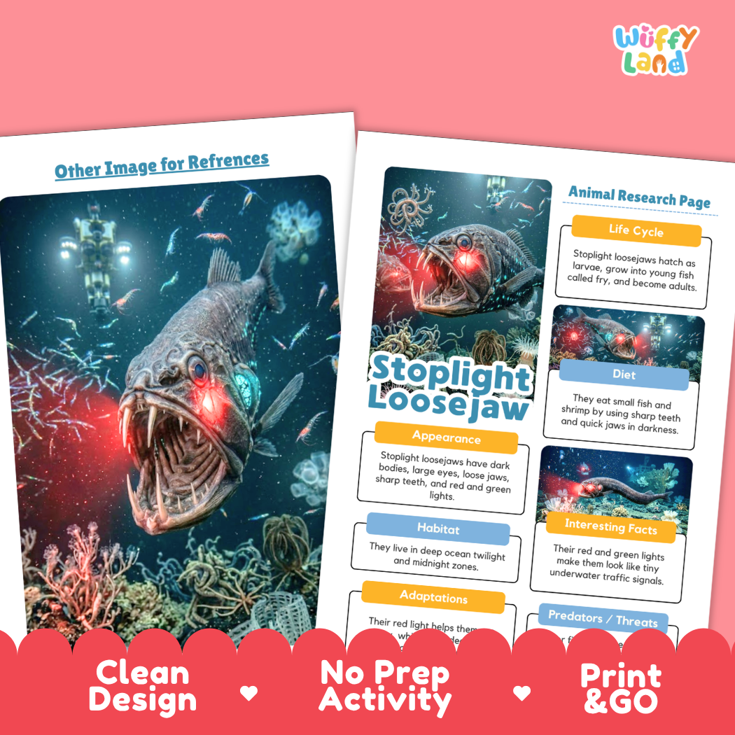 Two educational activity sheets about the Stoplight Loosejaw fish displayed on a coral-pink background. The sheets feature an underwater illustration of the fish and text sections including Life Cycle, Diet, Appearance, Habitat, and Interesting Facts.