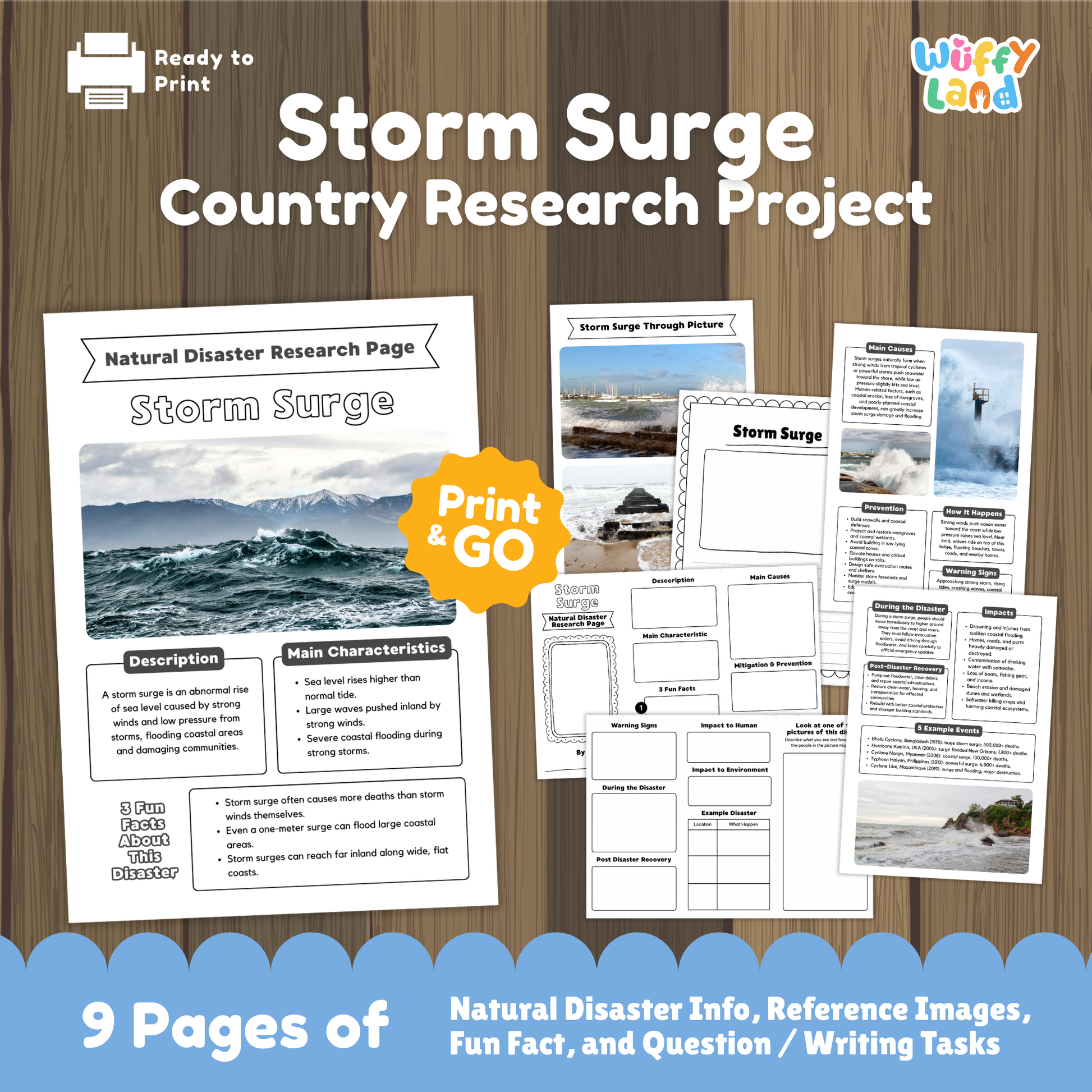 Printable storm surge country research project pages featuring a main storm surge information sheet, real-life photos of coastal flooding, and student worksheets for description, causes, impacts, warning signs, and prevention.