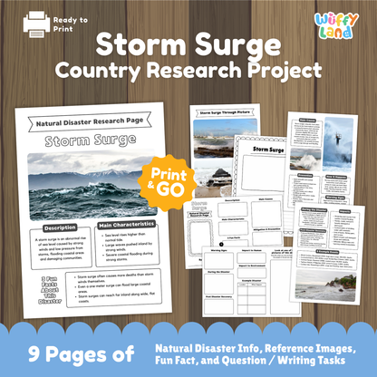 Printable storm surge country research project pages featuring a main storm surge information sheet, real-life photos of coastal flooding, and student worksheets for description, causes, impacts, warning signs, and prevention.