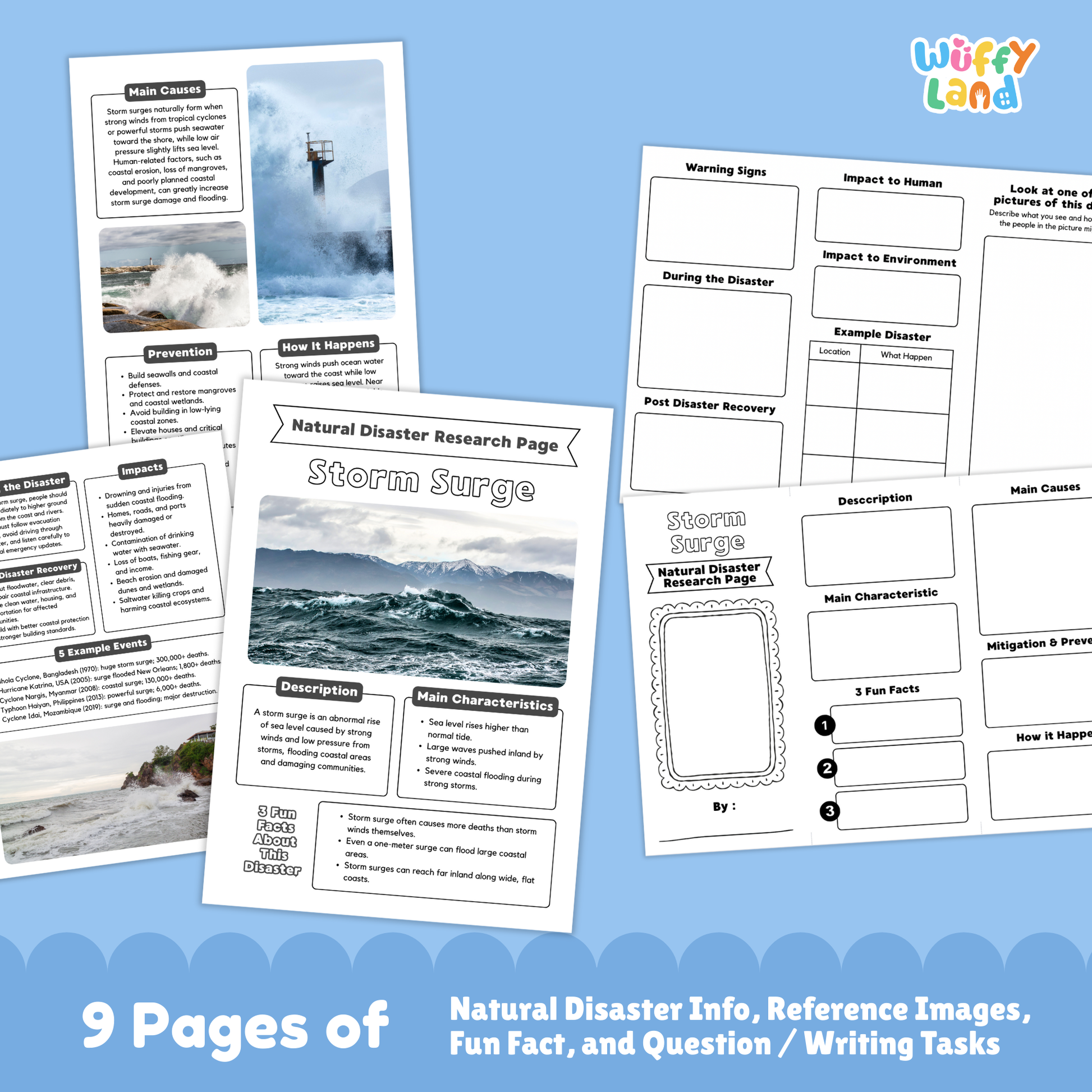 Printable storm surge country research project pages featuring a main storm surge information sheet, real-life photos of coastal flooding, and student worksheets for description, causes, impacts, warning signs, and prevention