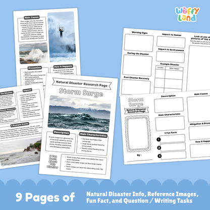 Printable storm surge country research project pages featuring a main storm surge information sheet, real-life photos of coastal flooding, and student worksheets for description, causes, impacts, warning signs, and prevention
