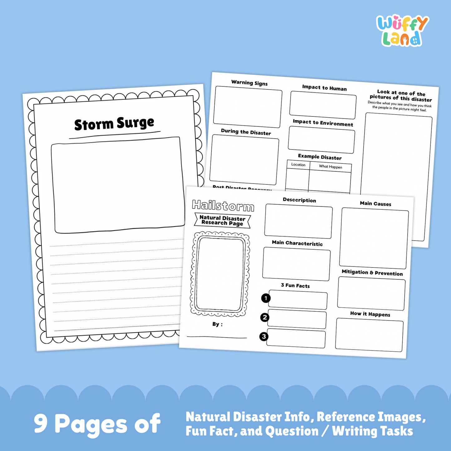 Printable storm surge country research project pages featuring a main storm surge information sheet, real-life photos of coastal flooding, and student worksheets for description, causes, impacts, warning signs, and prevention