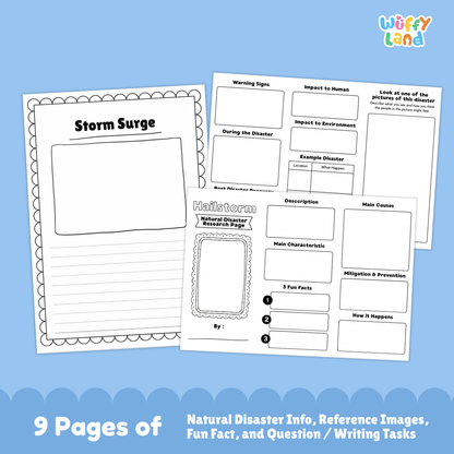 Printable storm surge country research project pages featuring a main storm surge information sheet, real-life photos of coastal flooding, and student worksheets for description, causes, impacts, warning signs, and prevention