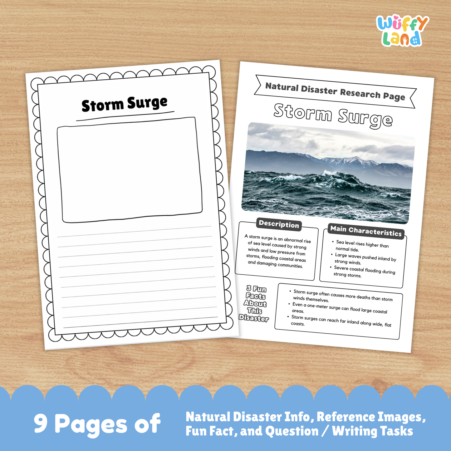 Printable storm surge country research project pages featuring a main storm surge information sheet, real-life photos of coastal flooding, and student worksheets for description, causes, impacts, warning signs, and prevention.