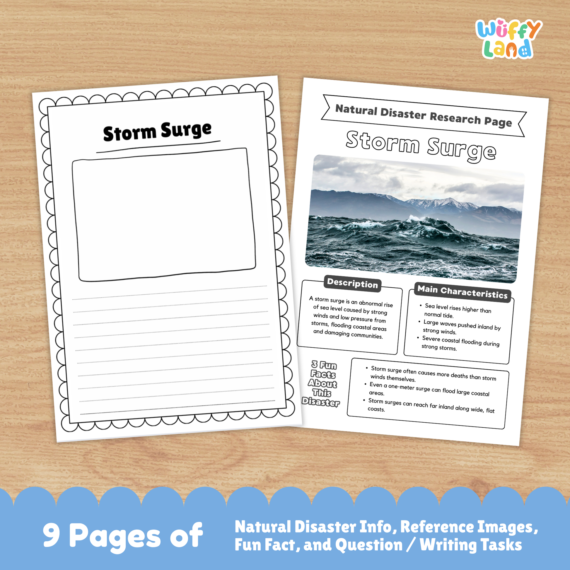 Printable storm surge country research project pages featuring a main storm surge information sheet, real-life photos of coastal flooding, and student worksheets for description, causes, impacts, warning signs, and prevention.