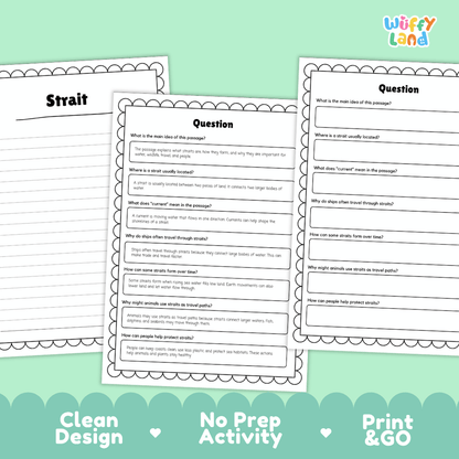 Three printable worksheet pages for a sea-land reading comprehension activity, titled 'Strait' and labeled 'Question' with fill-in lines, shown on a mint green background with the text 'Clean Design', 'No Prep Activity', and 'Print & GO'. The 'Wiffly Land' brand logo appears in the top right.