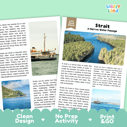 Educational water activity kit pages from Wuffy Land, featuring a 'Strait' text activity sheet, a map of waterways, and a folded blue activity card, displayed on a clean white background with promotional text at the bottom.