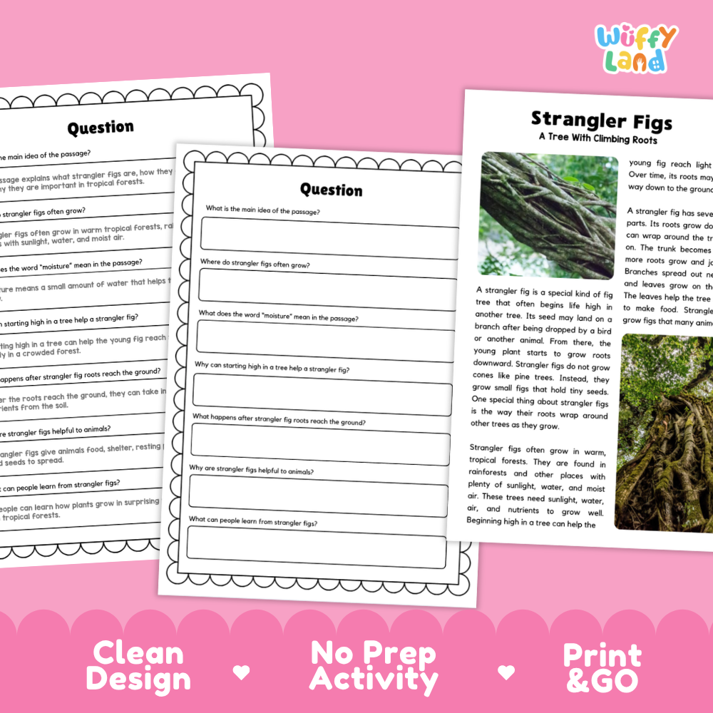 Strangler Fig Plant Reading Passages Worksheets and Comprehension Activity