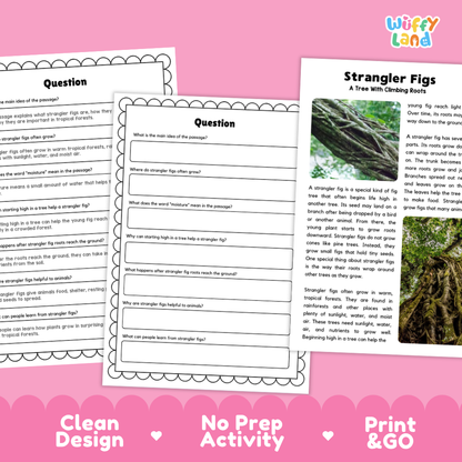 Strangler Fig Plant Reading Passages Worksheets and Comprehension Activity