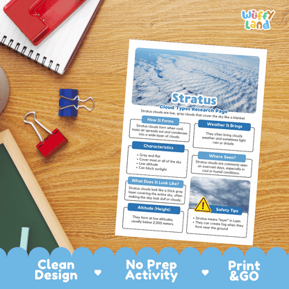 Stratus Cloud Types Research Worksheets and Informational Fact Sheets
