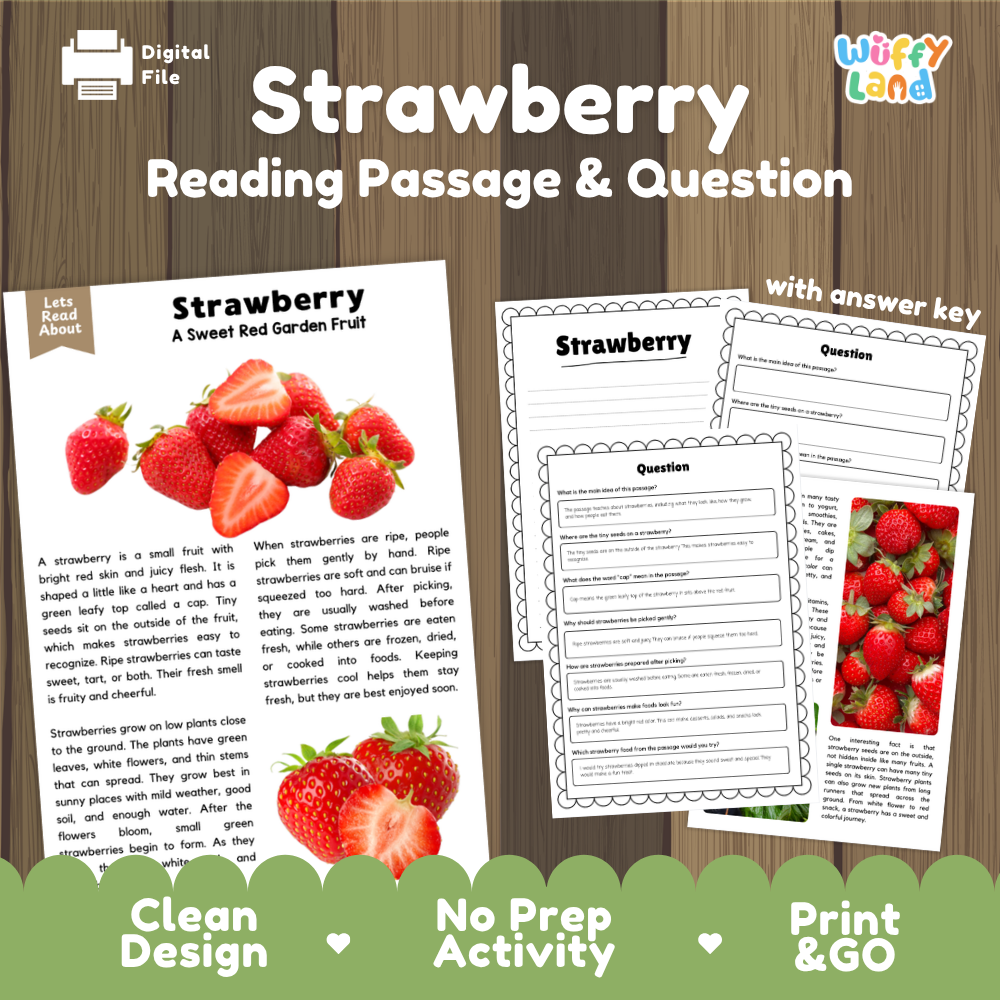Strawberry reading comprehension passage and questions printable activity pack with answer key for elementary students