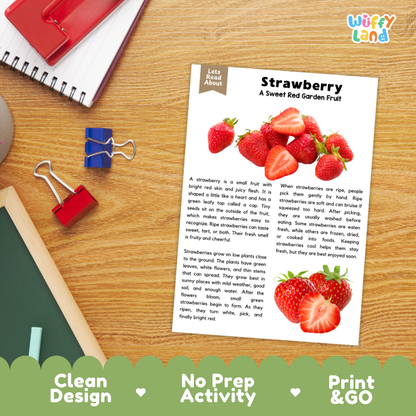 Student reading comprehension worksheet with short-answer questions and lined sections about strawberries