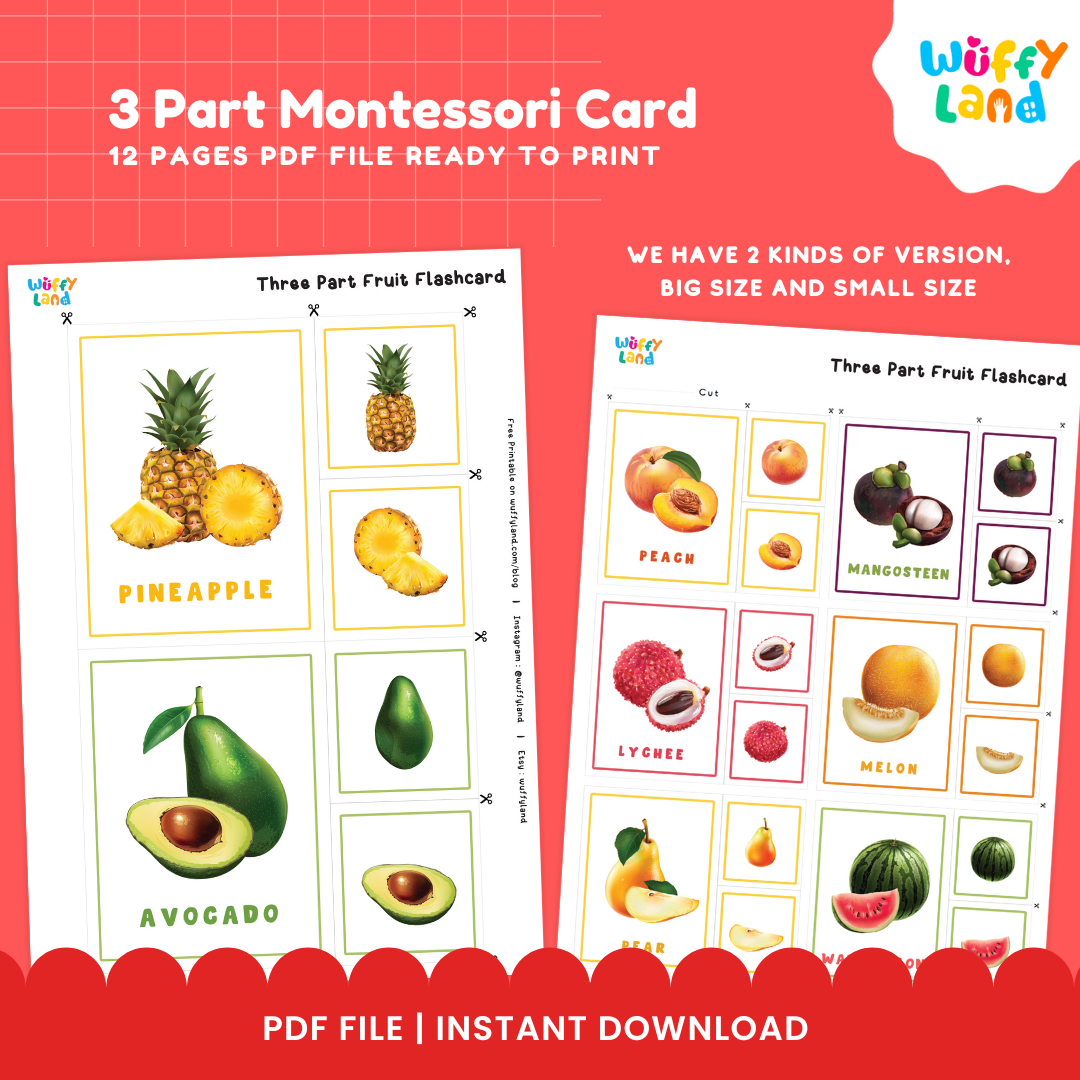 Montessori 3-part cards showing realistic whole and sliced illustrations of strawberry and watermelon with bold labels 🍉🍓