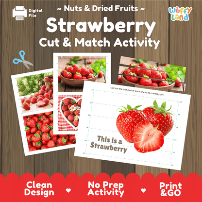 Strawberry Cut and Match Activity Worksheets | Nuts and Dried Fruits Puzzle Printables