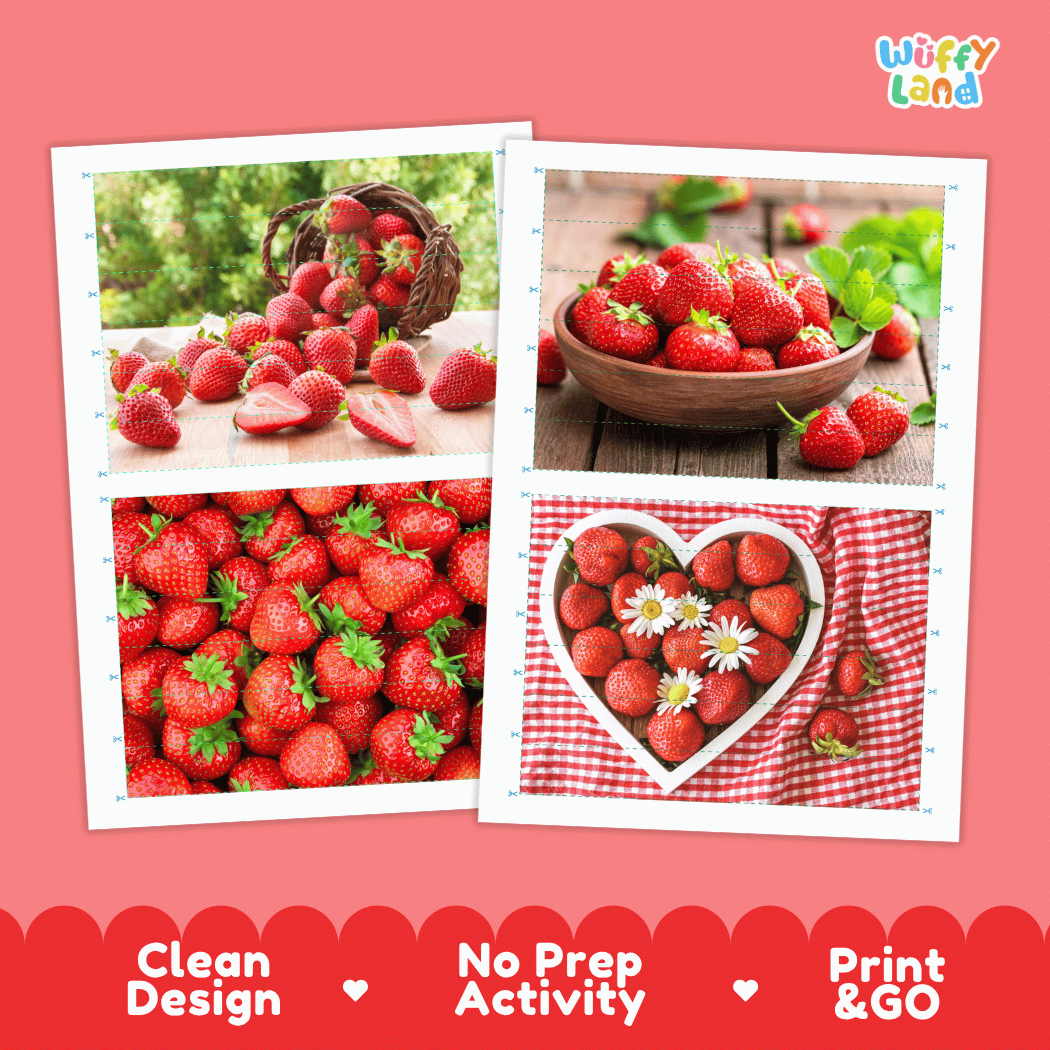 Strawberry Cut and Match Activity Worksheets | Nuts and Dried Fruits Puzzle Printables