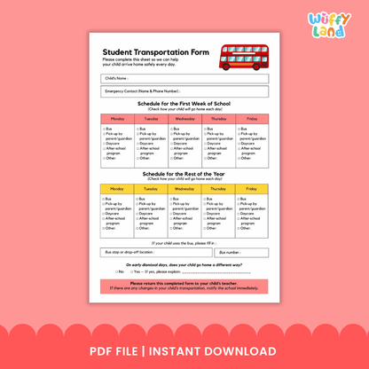 Student Transportation Form Back to School Dismissal Forms Printable