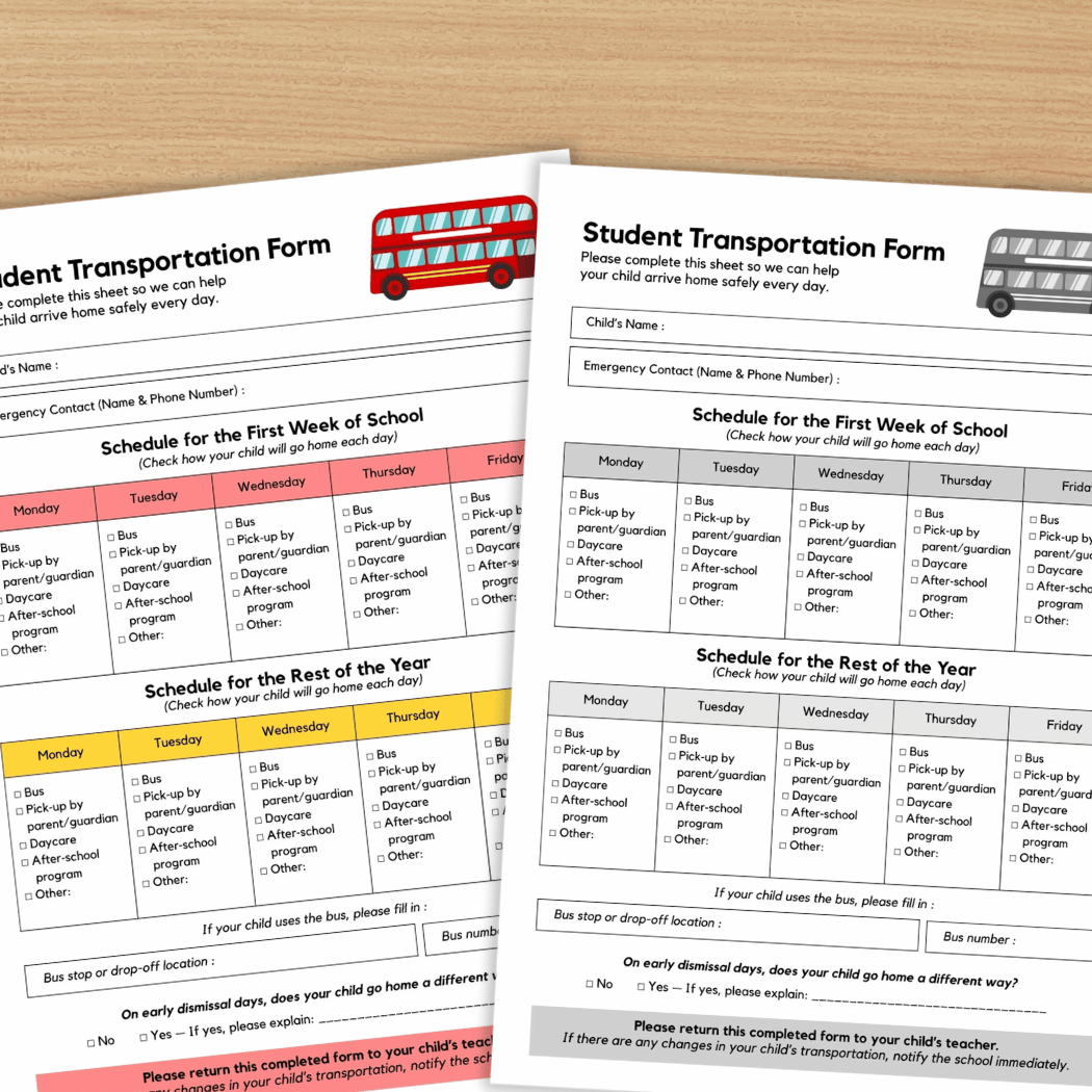 Student Transportation Form Back to School Dismissal Forms Printable