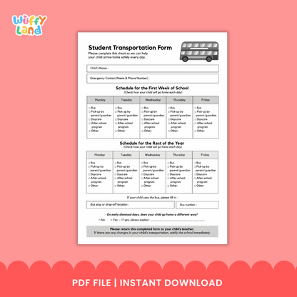Student Transportation Form Back to School Dismissal Forms Printable