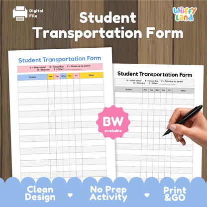 Student Transportation Form Back to School Dismissal Roster Printable Chart