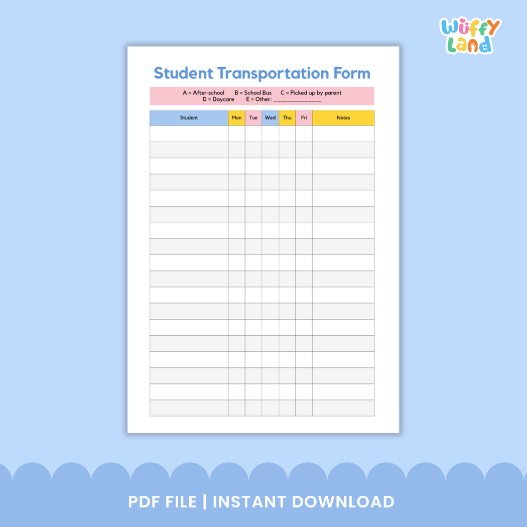 Student Transportation Form Back to School Dismissal Roster Printable Chart