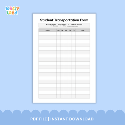 Student Transportation Form Back to School Dismissal Roster Printable Chart