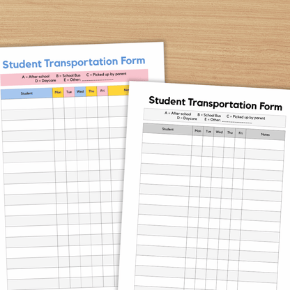 Student Transportation Form Back to School Dismissal Roster Printable Chart