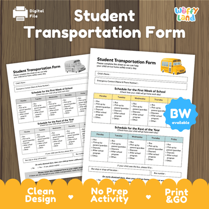 Student Transportation Form Back to School Dismissal Routine Printable Sheet