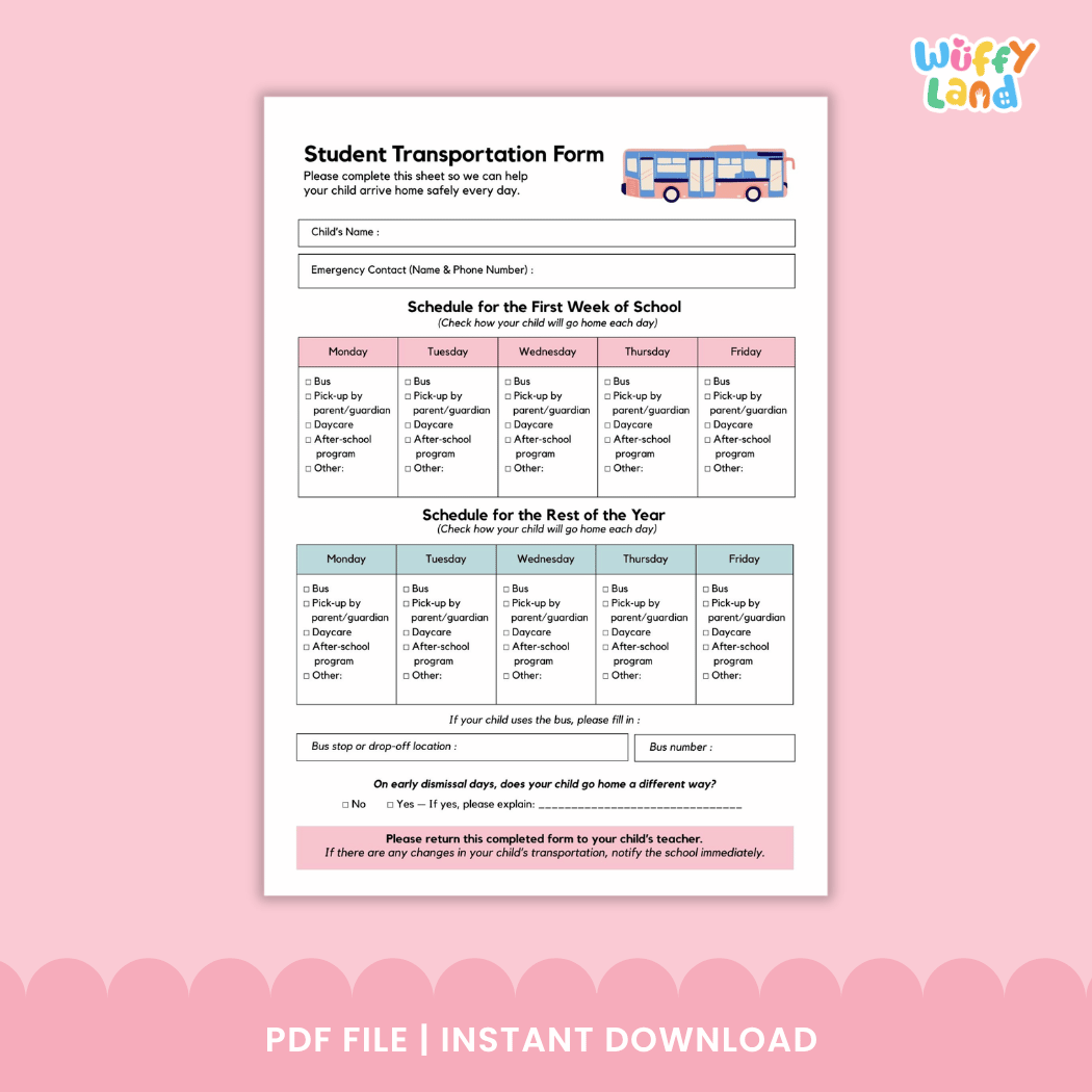 Student Transportation Form Back to School Dismissal Routine Printable Sheet