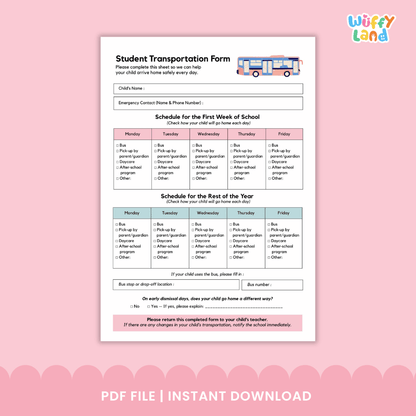 Student Transportation Form Back to School Dismissal Routine Printable Sheet