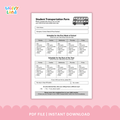 Student Transportation Form Back to School Dismissal Routine Printable Sheet