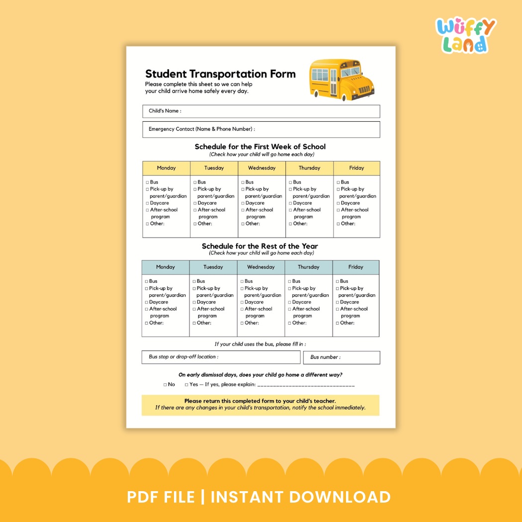 Student Transportation Form Back to School Dismissal Routine Printable Sheet