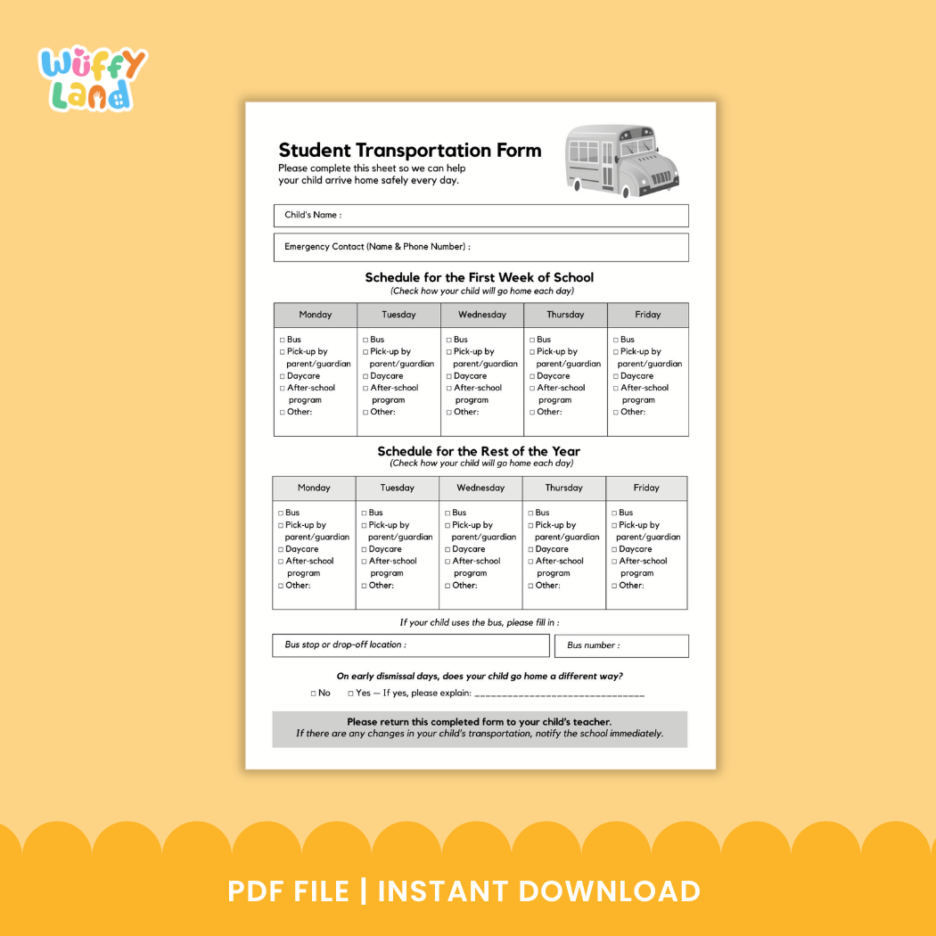 Student Transportation Form Back to School Dismissal Routine Printable Sheet