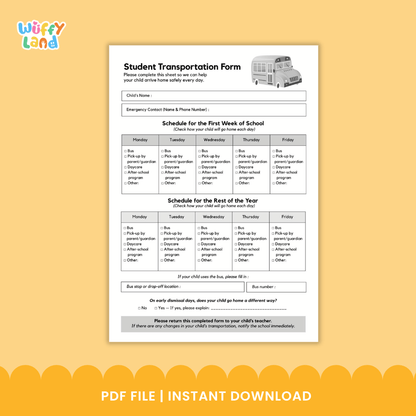 Student Transportation Form Back to School Dismissal Routine Printable Sheet
