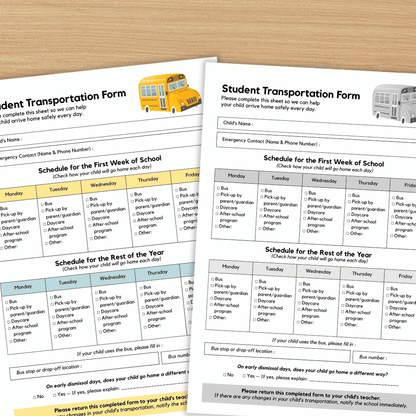 Student Transportation Form Back to School Dismissal Routine Printable Sheet