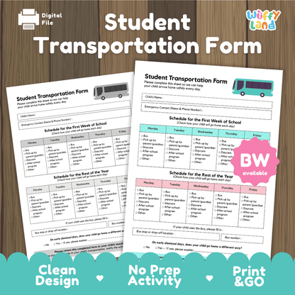 Student Transportation Form Back to School Dismissal Routine Printable Sheet