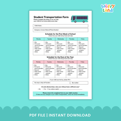 Student Transportation Form Back to School Dismissal Routine Printable Sheet