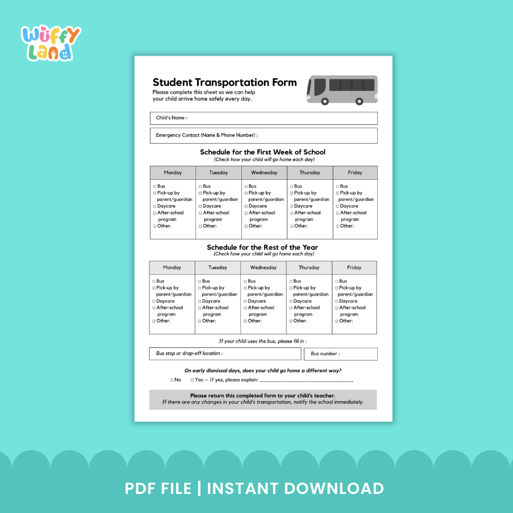 Student Transportation Form Back to School Dismissal Routine Printable Sheet