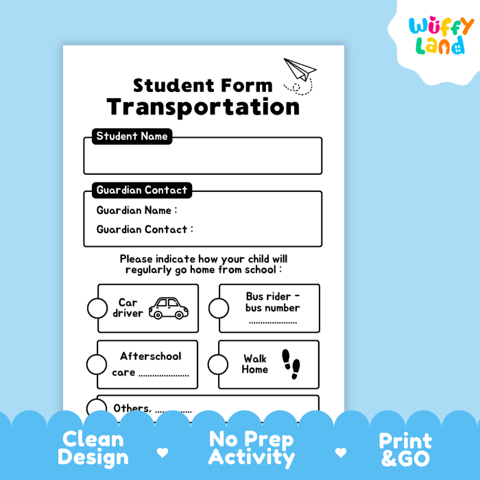Student Transportation Form Back to School Printable Worksheets