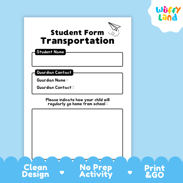 Student Transportation Form Back to School Printable Worksheets